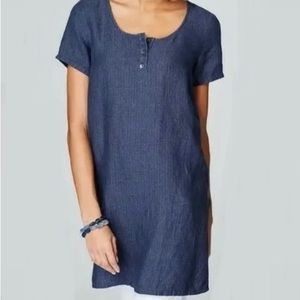 Pure Jill 100% Linen Blue Button Tunic Top Henley Size Large Denim Look